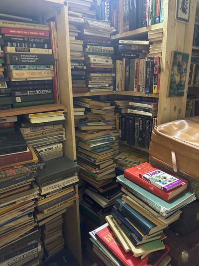 A floor-to-ceiling view of a cluttered bookshelf, crammed with tightly-packed, mostly Russian-language books of varying sizes and colors. The lighting is soft and diffused. Shelves are made of light-colored wood. In the top right, a brown leather bag sits atop some of the books. Above the top shelf are two small decorations: a needlepoint and a framed picture of flowers. The books span diverse topics, including detective stories, historical fiction, and children's literature. The scene suggests a personal library.
I am unable to verify the city of Nikolo-Beryozovka, Russia.