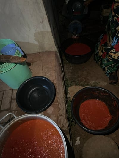 Several buckets contain a red, pulpy liquid, possibly tomato sauce. Some buckets are black, while others are green. A large silver pot also holds the red liquid. An empty black bowl is near the green buckets. A person in a floral dress stands near other buckets with the liquid, and a blue scoop sits inside one of the buckets. The scene appears to be outside and illuminated by artificial light.