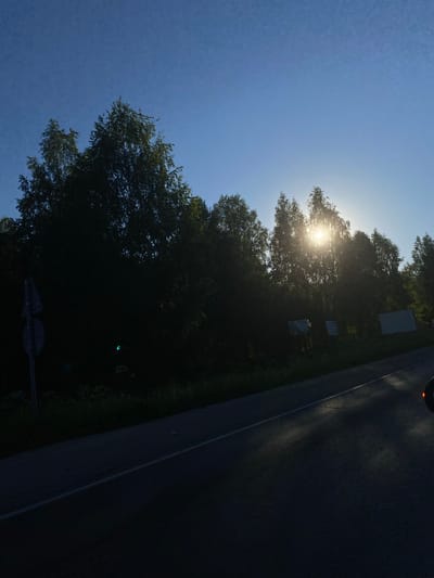 This is a low-angle, landscape photograph of a paved road running along a tree line in Kornilovo, Russia. The sun is setting behind the trees, creating a bright glare and casting long shadows across the road. A single traffic sign is visible on the left side of the road. The sky is a clear blue.