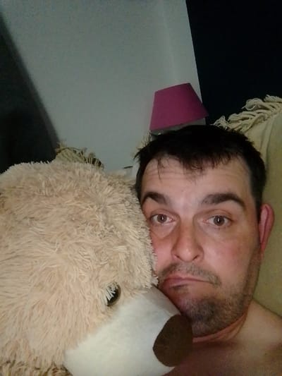 A man with short, dark hair and a beard is lying in bed, holding a large, fluffy teddy bear. He is facing the camera, and his expression is neutral. The teddy bear is light brown and covers part of his face and chest. The background shows a wall with a pink lampshade and a dark area, possibly a closet or another wall. There are also some woven blankets visible. The lighting suggests it is nighttime or the room is dimly lit. The image appears to be a selfie, taken in a bedroom. The man has brown eyes and is wearing a light-colored collar.