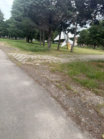 The image shows a MiG-21 fighter jet on display in a park in Dolna Mitropolia, Bulgaria. The jet is positioned behind a line of trees. The ground is covered in grass and a paved walkway. A section of an asphalt road is visible in the foreground.