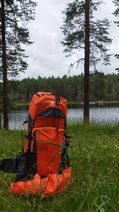 An orange and grey backpack sits in the foreground on lush green grass, some small white wildflowers are visible among the grass. Behind the backpack, a calm, dark body of water is reflecting the overcast sky. The lake is surrounded by a dense forest of tall, dark green pine trees. A few pine trees are also present on the left and right sides of the frame, with their branches reaching towards the sky.
In the distance across the lake, there are a few small boats and two figures can be seen. The sky is cloudy and grey, suggesting a cool or overcast day, possibly late afternoon or early evening given the diffused light. The overall scene evokes a sense of tranquility and wilderness, typical of an outdoor adventure or camping trip. The backpack, equipped for hiking, implies a journey or a stop in a remote natural setting.
The brand name "wolkanı" is visible in white text on a grey section of the backpack.