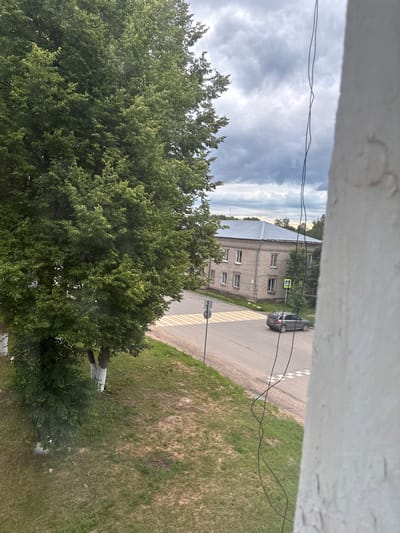 This is an outdoor, eye-level shot, taken from a window, looking out at a street scene in Kuvshinovo, Russia. The image is oriented vertically.
In the foreground, a large, leafy green tree dominates the left side of the frame, its branches obscuring much of the view. Along the top and right edges of the image, there are elements of a window frame or ledge, painted a light color and showing some texture.
Beyond the tree, a road runs diagonally from the bottom left to the top right. On the road, a dark-colored car is parked near a pedestrian crossing marked with yellow and white stripes. Across the street, a two-story brick building stands, with a dark-colored roof and multiple windows. A pedestrian crossing sign with a yellow diamond shape is visible near the building.
The sky is overcast with dramatic, dark clouds, suggesting a potentially stormy or at least unsettled weather condition. The time of day appears to be late afternoon or early evening, given the lighting. The overall mood is somewhat muted due to the weather. There are some visible power lines crossing the frame, and grass and dirt areas are visible along the side of the road and surrounding the building. No people are visible in the frame.