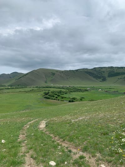 The image shows a wide, green valley in Khurai-Nur, Russia, under a cloudy sky. In the foreground, a dirt path winds its way up a grassy slope dotted with small white and yellow flowers. The middle ground features a lush, green field with scattered trees and a meandering stream. Several small buildings, possibly houses or farm structures, are visible in the distance, nestled among the trees and along the banks of the stream. Beyond the valley, rolling hills covered in green grass and sparse trees rise towards the horizon. The overall impression is one of a rural, natural landscape.