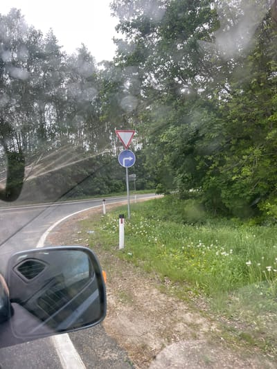 The image shows a view from inside a vehicle, likely a car or truck, looking out through the windshield. It appears to be raining or the windshield is wet. The vehicle is on a paved road, possibly in a rural or semi-rural setting. The road curves slightly to the left. On the right side of the road, there is a roadside with grass and flowers. Road signs are visible, one triangular with a red border and white interior (likely a warning sign) and one circular with a blue background and a white arrow pointing left. There are also some white posts or reflectors along the road. A side mirror of the vehicle is visible in the bottom right corner of the image.
Based on the location provided, the scene is likely in or near Петрово, Russia, though the specific details like building types or commercial signs that would confirm a precise location are not visible.