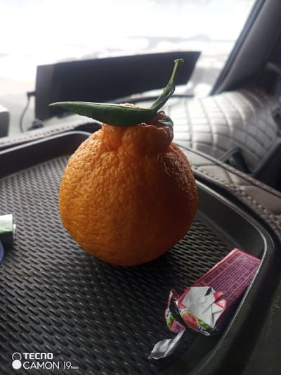 An orange tangerine with a leaf sits on a black textured tray. To the right, there is a partially unwrapped pack of gum with text in an unknown language, suggesting this may be in Russia. The TECNO CAMON 19 Neo watermark is in the bottom left corner. The background is out of focus, revealing a car interior with quilted seats and a dashboard with a screen. There is no indication it is in the city of Poisevo.