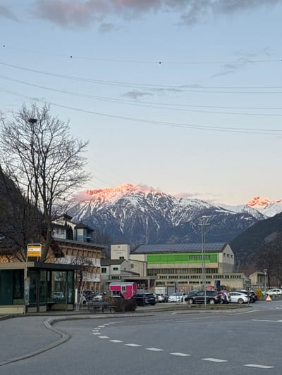 The image captures an outdoor scene in Lalden, Switzerland, under twilight conditions, either sunrise or sunset, evidenced by the reddish-pink illumination on the snow-capped peaks of large mountains dominating the background. The sky is light blue with scattered grey and pink-tinged clouds, crossed by several parallel power lines fitted with spherical bird flight diverters.

In the mid-ground, a prominent multi-story institutional building features a light-colored facade and a bright green roof section equipped with solar panels. A sign on this building identifies it as "Kindergarten Lalden" and "Primarschule Lalden." To its immediate left, another building with a wooden upper facade and a smaller blue-domed structure on its roof is visible.

The foreground contains a paved road with a distinctive white dashed line indicating a curve or intersection. On the left side of the road, a standard bus stop shelter constructed of glass and metal stands, featuring a bench and a yellow-and-white sign pole. Adjacent to the road and bus stop, a parking area holds several parked vehicles, including multiple dark-colored SUVs, white cars, and a distinct hot pink trailer or mobile unit. A tall streetlight pole and a wooden picnic bench are also present within this parking zone.

To the far left, a bare deciduous tree with a visible nest in its upper branches stands. No individuals are present or visible in any part of the depicted scene.