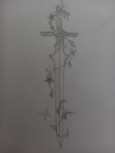 The image is a pencil sketch of a stylized sword or dagger, intricately decorated with vines and flowers. The sword is depicted horizontally across the frame, with the hilt on the left and the blade extending to the right. The hilt is detailed with a patterned texture, possibly suggesting a wrapped grip. The crossguard is pronounced, and the blade itself appears to be slender and slightly curved.

Throughout the length of the sword, delicate vines with leaves and blossoms are drawn, wrapping around the weapon. The flowers are simple, with several petals, and some appear to be in clusters. There are also a few scattered floral or leaf-like motifs near the sword, adding to the overall decorative effect. The style of the drawing is somewhat illustrative and could be interpreted as a design for jewelry, tattoo art, or fantasy-themed illustration.

The sketch is rendered in grayscale, with varying shades of graphite creating depth and form. The background is a plain, light-colored surface, likely paper. There are no indications of time of day, weather, or a specific location within the artwork itself. The overall impression is one of delicate ornamentation and fantasy. No text is visible in the image.