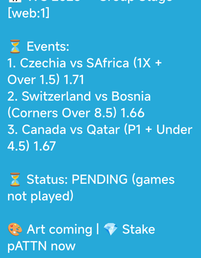 The image is a close-up of a light blue screen, possibly a mobile phone display, showing text and emojis. The text appears to be related to a sports event or betting.

The top of the image shows "[web:1]".

Below this, there is an hourglass emoji followed by the word "Events:". This is followed by a numbered list of three events:
1.  "Czechia vs SAfrica (1X + Over 1.5) 1.71"
2.  "Switzerland vs Bosnia (Corners Over 8.5) 1.66"
3.  "Canada vs Qatar (P1 + Under 4.5) 1.67"

Another hourglass emoji appears before the word "Status:", followed by "PENDING (games not played)".

At the bottom, there is a palette emoji and a diamond emoji. The text reads "Art coming | Stake pATTN now".

There are no people, objects, or environmental features visible that would indicate a specific location within a city, including Mùi 3, Vietnam. The context provided by the image itself does not contain any geographical information.