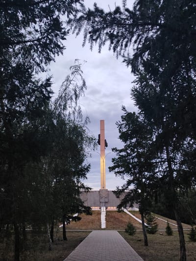 The image shows a stone monument with a tall, slender obelisk topped with a dark figure, possibly a statue, against a cloudy sky. The monument is situated at the end of a paved walkway that leads through a park-like setting with various trees and some smaller evergreen saplings. The monument structure appears to be made of concrete and has some inscribed elements. The scene is observed from ground level, looking directly towards the monument. The overall impression is one of solemnity and remembrance, suggesting a memorial site. This monument is located in the city of Slavgorod, Russia.
