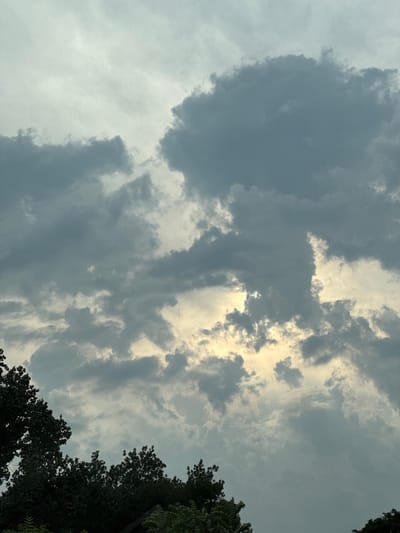The image depicts a sky filled with dramatic, dark clouds, with patches of light breaking through. The top of the frame is dominated by a light gray, overcast sky. Below this, large, heavy, dark gray clouds fill the majority of the frame, creating a sense of impending weather. A bright, yellowish light emanates from behind some of the clouds in the middle of the image, suggesting the sun is attempting to break through. The bottom portion of the image shows the dark silhouettes of trees, with their foliage obscuring the very bottom edge. The scene appears to be an outdoor environment, likely a park or a residential area with abundant trees. There are no people or specific structures visible. The image captures a moment of dynamic weather, with strong contrast between the dark clouds and the bright light. The location in Babovo, Bulgaria is not visually indicated within the image itself.