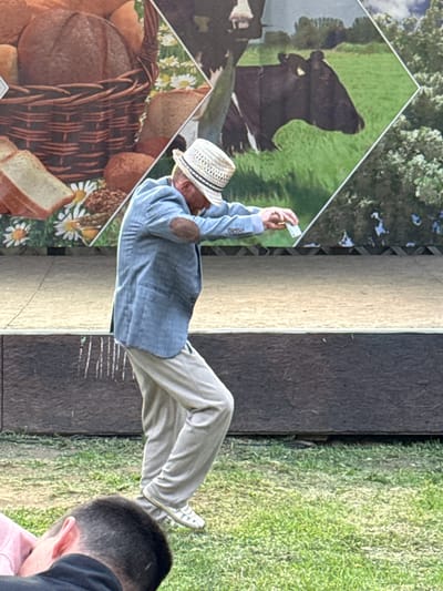 A man in a light blue blazer, light-colored pants, and a straw hat with a black band is dancing on a grassy area in front of a stage. The man is leaning forward with his arms extended, holding a small white object in his right hand. He is wearing brown elbow patches on his blazer. Behind him is a backdrop depicting a basket of bread, a cow in a field, and trees. The ground is covered in green grass and there is a wooden structure in front of the stage. In the foreground, the back of a person's head wearing a black shirt is visible, partially obscured by a pink garment. The image appears to have been taken outdoors in a location that could be a park or festival. The image does not contain any recognizable landmarks or elements that would allow for precise identification of the city of Кукуи, Russia, or any specific location within it.