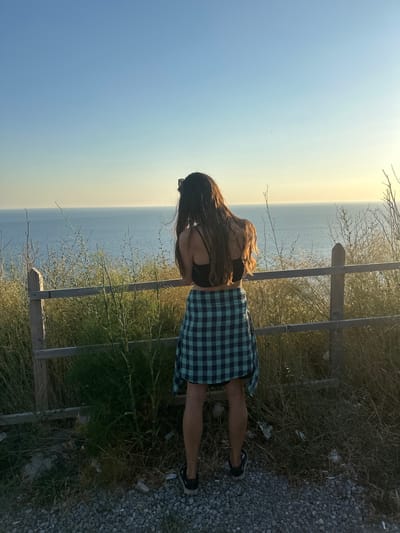 A person stands facing the ocean, with their back to the camera. They are wearing a black crop top and a teal and black checkered shirt tied around their waist. They are also wearing black sneakers. The person is standing behind a wooden fence, with dry grass and vegetation in the foreground. The ocean stretches out to the horizon, meeting a clear blue sky. The sun appears to be setting, casting a warm glow on the scene. The image appears to be taken from a high vantage point, overlooking the coast. There is no indication of the specific location being Donji Katun, Montenegro, or any other city.