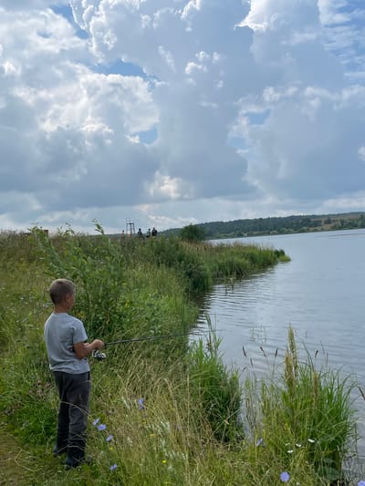 A boy stands on the grassy bank of a body of water, holding a fishing rod. He is facing away from the camera, looking out at the water. He is wearing a grey t-shirt and dark pants. The bank is covered in tall grass and wildflowers. In the background, there is a treeline across the water and a cloudy sky. Further down the bank, a few other people are visible, along with what appears to be a lifeguard stand. The scene depicts a boy fishing on a cloudy day near Bereznik, Russia.