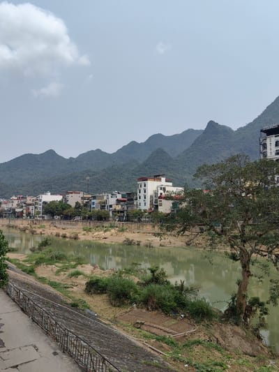 The scene shows the urban environment in Thành phố Hà Giang, Vietnam. A river runs horizontally across the middle ground, reflecting the surrounding buildings and sky. The riverbanks are eroded and show signs of recent high water levels, with patches of sand and vegetation. A concrete embankment with a metal railing lines the lower left of the image, with a path alongside it. Across the river, a row of buildings, mostly hotels, are visible. Behind the buildings, a series of lush green mountains dominate the background. The sky is overcast with scattered clouds. A tree is prominent in the right foreground, partially obscuring the buildings behind it.