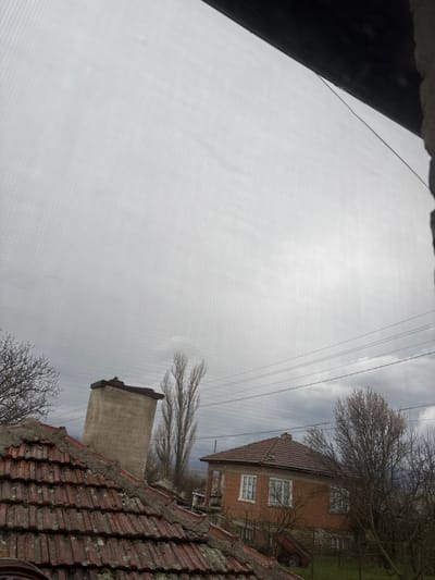 The image displays an exterior scene captured from an elevated position, likely through a window screen, in Padarevo, Bulgaria, under an overcast, grey sky. The screen's mesh pattern is visible across the entire image. In the foreground, a prominent section of a weathered red-tiled roof, significantly covered in green moss and lichen, extends from the lower left towards the center. A beige, rectangular stucco chimney with a dark brown cap rises from this roof. To the right of the chimney and beyond the foreground roof, a two-story red brick house with a red-tiled roof is visible, featuring multiple white-framed windows. The house is surrounded by bare deciduous trees, indicating late winter or early spring. A wire fence separates the house's grassy yard, where a red, wheeled object is partially discernible. Overhead electrical power lines traverse the upper mid-ground horizontally. Tall, slender, bare trees are visible behind the chimney and further into the background. No individuals or explicit actions are depicted within the scene.