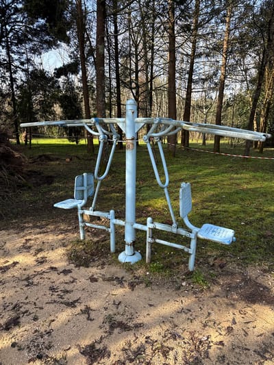 The image displays an outdoor exercise machine located in a wooded area within Mealhada, Portugal. The primary subject is a weathered, light blue metal exercise apparatus, appearing to be a chest or shoulder press, featuring a central vertical support column with two attached seats and two sets of upper handles. The seats have perforated surfaces, and the machine exhibits noticeable rust and faded paint. A small, square, light brown label marked with "G3" is affixed to the central column. The machine is positioned on a patch of sandy ground mixed with scattered dry leaves and sparse green vegetation. This sandy area transitions into vibrant green grass that covers the midground and extends into the background. A dense forest of tall trees, predominantly bare deciduous trees and some evergreens, forms the backdrop. A red and white striped barrier tape is visible stretching horizontally across the mid-background, partially obscured by the trees and grass. A pile of cut brushwood or branches is present on the left side of the foreground, and several small cut logs are visible on the grass in the background. The scene is illuminated by natural daylight; no individuals are present.