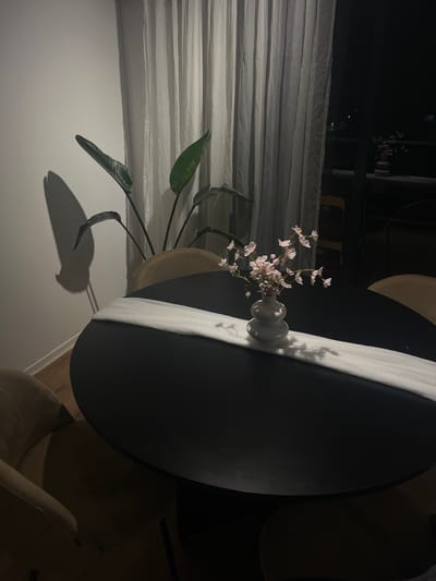 A round black table is the focal point, with a white runner draped across it. A small vase filled with delicate pink flowers rests on the table. The table is surrounded by upholstered chairs in a light beige color. A leafy plant with large leaves is partially visible, casting a shadow on the wall. The background includes a window covered by sheer white curtains. The scene is indoors, possibly a dining area. The lighting is dim and likely artificial. The location cannot be determined to be in Cordoba, Argentina from the information provided.