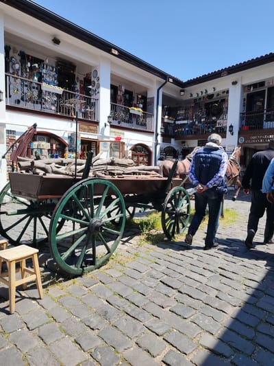 This image captures a vibrant and historic courtyard or market square in Eskisehir, Turkey, under a clear, bright blue sky. The ground is paved with traditional, dark grey cobblestones, with patches of green grass growing between them.
In the foreground, a rustic wooden cart with large, faded green wheels is prominently displayed. It is laden with rough-hewn logs of wood and several burlap sacks, suggesting its use for transport or as a decorative element referencing a past era. A small, light wooden stool sits to the left of the cart.
Two men are walking away from the viewer towards the right side of the frame. The man closer to the viewer wears a blue puffer vest over a plaid shirt and blue jeans, holding a plastic water bottle behind his back. The second man, partially obscured, wears dark clothing. Further back on the right, a brown horse, partially visible, is harnessed, possibly to another cart or as part of the scene.
The square is enclosed by two-story white buildings with dark tiled roofs and ornate black iron balconies. These buildings house various shops and artisan workshops. The balconies and ground-floor windows are filled with merchandise, including colorful pottery, evil eye charms, decorative plates, textiles, and various souvenirs, all brightly lit by the sun.
Visible text on the shop signs includes:
- "GİZEM SERAMİK" (Gizem Ceramics) with a phone number "0505 232 29 69".
- "YÜCEL LÜLETAŞI" (Yücel Meerschaum) with "0222 232 02 82".
- "ODUNPAZARI ATLIHAN EL SANATLARI" (Odunpazarı Atlıhan Handicrafts).
- "ÇİÇEKÇİ ANTİK LÜLETAŞI" (Çiçekçi Antique Meerschaum) with "0222 231 43 08".
- A small sign for "MAGNET" at "15 TL".
The scene depicts a leisurely day in a historic part of Eskisehir, with visitors exploring local crafts and enjoying the traditional ambiance. The strong shadows indicate it's mid-day or early afternoon.
