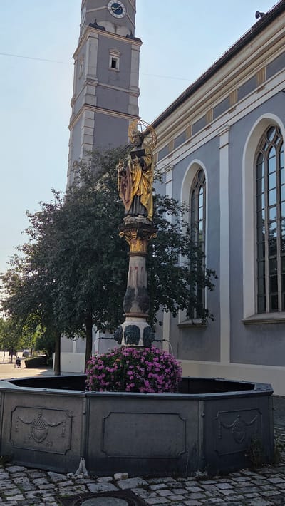 A golden statue of a saint, holding a book and a halo, stands atop a column in a fountain in Ulm, Germany. The statue is positioned in front of a building with a gray facade and arched windows, and to the left of a clock tower. The fountain basin is octagonal and made of dark metal, decorated with relief patterns. Pink flowers bloom within the fountain, surrounding the base of the statue. The ground is paved with cobblestones. In the background, trees line a street where a person in a wheelchair is visible. The sky is clear and bright.