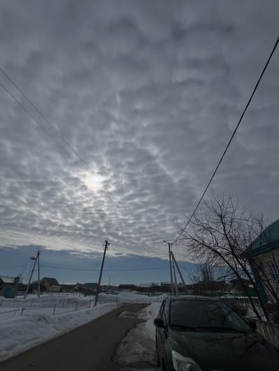 This image depicts a residential street scene in Starobaltachevo, Russia, under overcast skies during a winter or early spring period. The sky is predominantly covered by a layer of altocumulus clouds, appearing mottled and grey, with a bright spot indicating the obscured sun in the upper left quadrant. Towards the horizon, the sky transitions to a lighter blue.
The ground is heavily snow-covered, with accumulated snow forming drifts along the sides of a narrow, dark asphalt road that extends into the background. Portions of the road are clear, revealing asphalt, while other sections show melting snow and ice.
Utility infrastructure is prominent, including several wooden utility poles with multiple power lines running horizontally across the frame. One pole in the mid-ground on the right features a streetlamp.
A dark-colored sedan, identified as a Ford Focus, is parked on the right side of the road, facing away from the viewer towards the background. Its front bumper, grille, and hood are visible, with reflections on the windshield and body.
On the far right, a large, leafless deciduous tree with dark, intricate branches partially obscures a light-colored building with a distinctive teal-colored roof. In the background, numerous single-story and two-story houses with various roof colors (e.g., brown, green) are visible amidst the snow-covered landscape, separated by fences. No individuals or active human interactions are present in the scene.