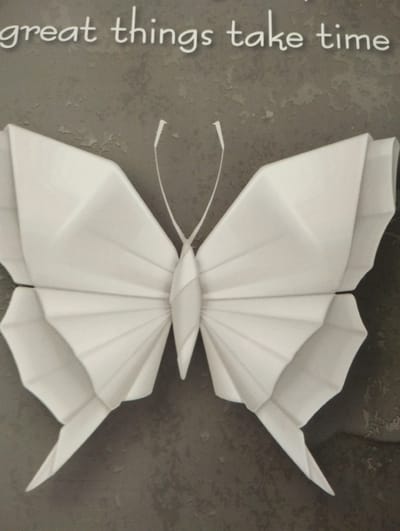 This media file features a close-up, overhead view of a white origami butterfly. The butterfly is centrally placed against a textured, gray background that appears to be a wall, possibly with some peeling paint or a concrete finish. The butterfly's wings are intricately folded, creating sharp angles and a sense of depth. Two thin, white antennae extend upwards from the butterfly's body, curving slightly.
Above the butterfly, white text is visible against the gray background. The text is in a cursive font and reads: "great things take time".
The lighting suggests it is indoors or during daytime, as there are no strong shadows indicating a specific time of day. The overall mood conveyed is calm and inspirational, due to the subject matter and the motivational text. The setting appears to be a wall in a domestic or public space in Pardes Hana-Karkur, Israel, likely a decorative element. No people or specific events are depicted.