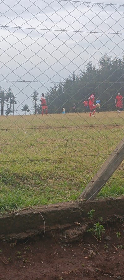 A wire fence with barbed wire at the top obscures a grassy field. Several people wearing red jerseys and shorts play soccer on the field. Trees line the horizon. A concrete post supports the fence on the right side of the image. The foreground reveals a dirt embankment, where small plants grow. The sky is overcast, suggesting a cloudy day.