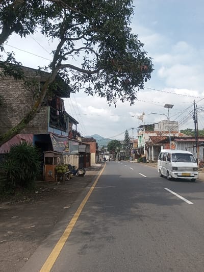 An overhead view captures a street scene in Chhenangri_Rishor, Bhutan, under a partly cloudy sky. The image focuses on a two-lane asphalt road extending into the background, flanked by buildings and vegetation.
On the left, a large deciduous tree with dark green foliage occupies the upper left quadrant. Its main trunk, covered in green moss or lichen, originates out of frame in the lower left and extends diagonally upwards. Below the tree, a dirt shoulder with sparse vegetation abuts the road, marked by a solid yellow line. On the shoulder, a small wooden vendor's stall with a "TOP" logo displays a pile of green coconuts. Behind the stall, a dark motor scooter is partially visible.
Adjacent to the street stall stands a multi-story building. The ground floor features a light blue facade and a dark banner with white lettering, partially reading "Men's Wear". The upper floor of this building, and subsequent structures, are constructed of grey, rough-textured stone or concrete. An open balcony on the upper level displays hanging laundry.
Further down the street, a series of mixed-use, one- and two-story buildings line the left side, varying in construction and roof types. Multiple utility poles carrying dense networks of overhead wires are visible along both sides of the road. In the midground, a white panel van, possibly a Suzuki Carry, with a yellow license plate, is positioned on the right side of the road, facing away from the viewer. A street light with an attached solar panel and a golden, ornate flag or banner on a pole are visible further down the right side.
The road itself has faint white dashed lines in its center, indicating traffic lanes. In the background, green hills or mountains rise under a sky featuring scattered white cumulus clouds. No individuals are clearly discernible.