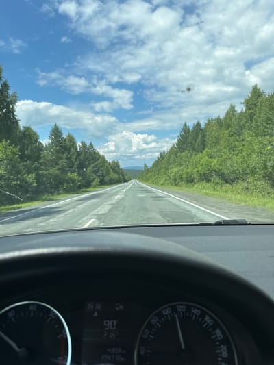 This media file shows a view from inside a vehicle traveling on a paved road through a dense forest. The road is straight and extends into the distance, with white lines marking the lanes. On the left side of the road, tall green trees form a thick wall, with a bright blue sky and scattered white clouds visible above them. On the right side of the vehicle, a portion of the dashboard is visible, including a speedometer with markings up to 200 and a smaller display showing numbers like "90" and "36". The sun appears to be shining, suggesting it is daytime. The scene is tranquil and evokes a sense of journey and open road. There is no visible text in the image.