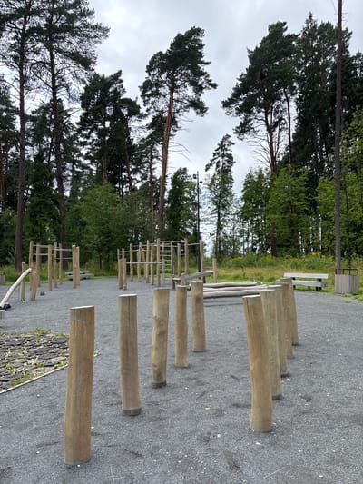 An outdoor fitness park is depicted, featuring various wooden obstacles set against a backdrop of tall pine trees. The ground is covered in dark grey gravel. In the foreground, several roughly hewn wooden logs are planted vertically. Further back, a series of horizontal wooden logs are arranged as a balance beam. To the left, a structure with wooden posts and metal bars, likely part of a parallel bar or pull-up station, is visible. To the right, a bench is placed near a trash receptacle. The sky is overcast. The location is identified as Pavlovskaya Sloboda, Russia. There are no people or animals present in the scene.