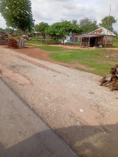 This media file depicts a rural scene in Wuro Sani, Nigeria. The setting is an outdoor area with a dusty, gravelly road in the foreground, suggesting a dry season or a poorly maintained road. On the right side of the road, there's a pile of stacked wood.
Further into the scene, there are several structures. One prominent structure on the right is a small building with a rusty, corrugated metal roof and light-colored walls, possibly painted or plastered. There is an open-fronted section with a metal roof supported by poles, and a barred entrance. Text is visible on the wall of this building, appearing as "POS" repeated twice. To the left of this building, there's a tall, thin pole.
In the mid-ground, there are more open-sided structures, also with corrugated metal roofs, likely serving as shelters or market stalls. Piles of wood are visible under these shelters and in stacks to the left. A large tree with lush green foliage stands prominently on the left side of the image, casting a shadow. Other trees and vegetation are scattered throughout the scene, indicating a natural environment. The sky is overcast with clouds, suggesting it could be mid-day or late afternoon. No people are clearly visible or identifiable in the frame. The overall impression is one of a functional, perhaps commercial, area within a village setting, possibly a small roadside market or workshop.