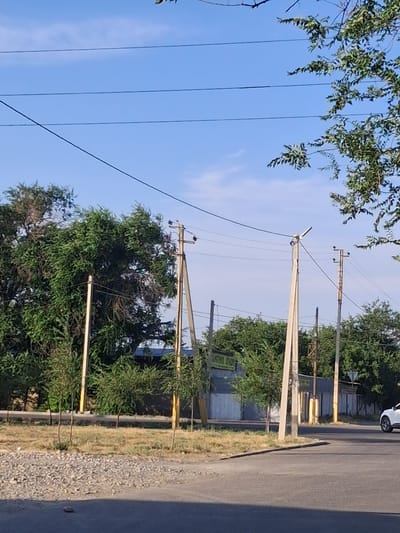 This media file captures an outdoor scene likely in Taraz, Kazakhstan, on a clear day. The image is oriented vertically. The foreground features a paved road on the right and a gravel shoulder with sparse dry grass on the left. Several power poles with overhead electrical wires dominate the midground, interspersed with lush green trees. Some of the power poles appear to be concrete, while others are older, more rustic wooden or metal structures with crossbars. One pole has a modern streetlamp attached.
In the background, there are glimpses of buildings, some appearing to be corrugated metal structures, possibly part of a yard or industrial area. A white car is partially visible on the road at the top right of the frame. The foliage from trees frames the upper left portion of the image.
The lighting suggests it is daytime, possibly late morning or afternoon, with a bright, cloudless blue sky. There are no people visible in the image. The overall impression is one of a typical urban or semi-urban environment with infrastructure for power distribution and everyday life. No legible text is clearly discernible in the image.