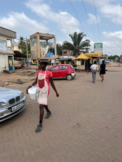 This image captures a street scene in Adenta Municipality, Ghana. In the foreground, a dark-skinned individual, wearing a black cap, red t-shirt, pink shorts, grey Crocs, and a white apron with pockets, walks from left to right. This person balances a large, rectangular wooden display case containing multiple baguettes and other items on their head, while holding a white plastic bucket in their left hand.
To the immediate left, the front portion of a silver BMW sedan with license plate "GS 6149 Z" is parked. The ground in the foreground and mid-ground is paved with light brown, herringbone-patterned bricks.
In the mid-ground, a red compact car is parked. Two additional individuals are seen walking away from the viewer on the paved surface further down the street. The background consists of various structures and vegetation. To the left, a light-colored building features a satellite dish and a blue barrel at its base. Towards the center-right, a yellow tented stall is visible next to a green sign for "C4C HOMEOPATHIC," displaying phone numbers (0500040331, 0500040328) and a website (WWW.ADURICALS.COM). Numerous trees, including a prominent palm tree, and other buildings line the street. The sky overhead is partly cloudy, and power lines are visible across the upper portion of the frame.