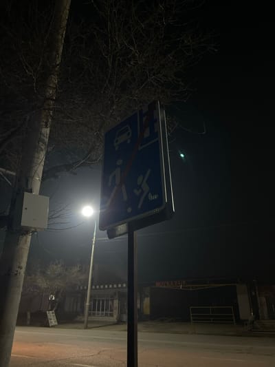 A nighttime scene in Karmana, Uzbekistan, captures a street corner under artificial illumination. A blue rectangular traffic sign, angled slightly to the left, is centrally positioned on a dark pole. The sign displays three white pictograms, each bisected by a red diagonal line, indicating prohibition: a car, a pedestrian, and a person playing with a ball. To the left, a light-colored utility pole with a white rectangular junction box attached rises, flanked by bare tree branches against a dark sky. A bright street lamp, positioned behind the sign, casts illumination onto the immediate foreground. Across the dimly lit paved road, a commercial building is visible in the background, featuring an awning with the Cyrillic text "МОЙКА 24/7" (Car Wash 24/7) and a metal barrier. No human subjects or moving vehicles are present within the frame.