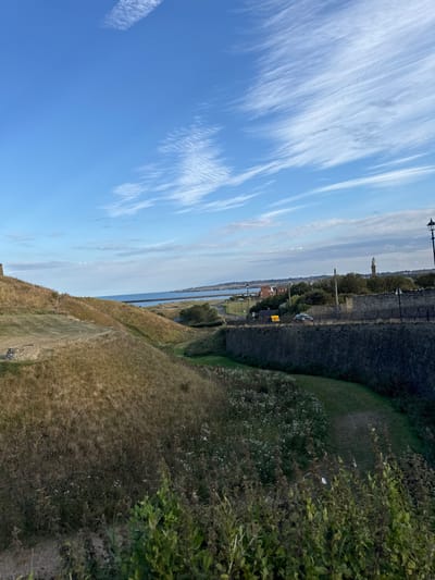 The image displays a coastal landscape in North Tyneside, United Kingdom, characterized by historical features and natural terrain under a clear blue sky.
The upper two-thirds of the frame are dominated by a bright blue sky, streaked with thin, white cirrus clouds extending horizontally. The horizon reveals a calm, blue body of water, identified as the North Sea, with a distant coastline. A pier or breakwater extends from the left coast into the water. Prominently situated on the far right horizon is St. Mary's Lighthouse, a tall, conical, light-colored structure with a darker top, located on an islet off Whitley Bay.
The midground features undulating, dry, brownish-green grassy slopes and mounds on the left, possibly earthworks or ancient defensive structures. A small, dark, low-lying stone object or ruin is partially visible on the lower-left slope. A deep, U-shaped valley, partially vegetated with wild grasses and a mown strip at its base, separates these mounds from a substantial, dark grey stone wall that runs horizontally across the mid-right portion of the image.
Behind this stone wall, a paved road or path is visible. A single grey passenger vehicle is in transit on this road, moving leftward. A yellow rectangular sign is positioned near the road. Further right, a black, ornate street lamp post stands upright. Distant residential buildings and scattered trees are visible along the coast beyond the road.
The foreground is composed of dense, dark green and brownish undergrowth, including tall grasses and various leafy plants, partially obscuring the base of the valley. No people are present in the scene. The lighting suggests a clear daytime condition with good visibility.