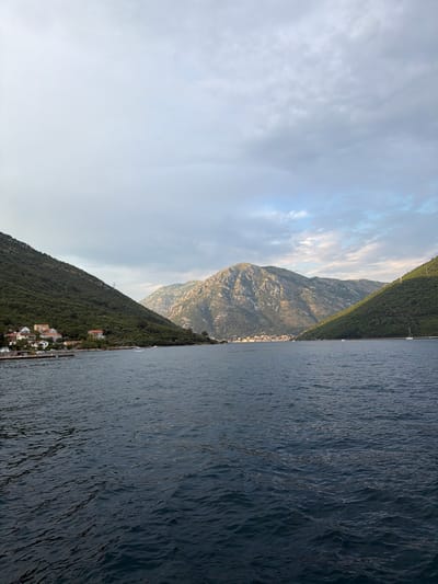 A wide-angle, landscape photograph captures a serene view of the Bay of Kotor in Đurići, Montenegro. The foreground is dominated by the dark, rippling water of the bay, with subtle waves reflecting the overcast sky. To the left, a lush, green, tree-covered mountain slopes down to the water's edge, where a small cluster of white houses with red-tiled roofs is visible. A small pier extends into the water from this village, with a few boats docked. Further into the bay, more mountains rise, their rocky slopes catching the light in places, contrasting with the verdant green of the closer hills. A distant town or village can be seen nestled at the base of these mountains. The sky above is a mix of soft gray clouds with hints of pale blue sky peeking through, suggesting either early morning or late afternoon light. The overall atmosphere is peaceful and natural.