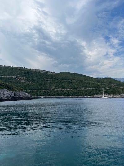 This image depicts a serene coastal scene in Dubraljevina, Montenegro. The dominant elements are a lush green, tree-covered mountain slope and the calm, blue water of the sea. A white sailboat is visible anchored near the shore, its mast and rigging clearly defined against the backdrop of the mountain. The mountain itself is rugged, with rocky outcrops in the foreground and terraced lines suggesting past cultivation or natural features.
The sky is partly cloudy, with a mix of white and gray formations that hint at a dynamic weather pattern, perhaps a day with shifting light. The water has a gentle ripple, reflecting the sky and the surrounding landscape, creating a textured surface that conveys depth and movement. The overall impression is one of tranquility and natural beauty, characteristic of a Mediterranean coastline. There is no visible text in the image. The scene appears to be captured during daylight hours, likely late morning or early afternoon, given the brightness of the sky and the clear visibility of the landscape. The composition, with the mountain dominating the left half and the water the right, creates a balanced and visually appealing vista.