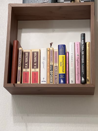 The image shows a close-up of a wooden bookshelf filled with books. The bookshelf is mounted on a textured, light-colored wall. The books are stacked vertically and are of various sizes and colors, with many featuring prominent titles and author names in Cyrillic script.
Several of the book titles are visible, including "САМЫЙ БОГАТЫЙ ЧЕЛОВЕК В ВАВИЛОНЕ" (The Richest Man in Babylon), "ИДИ ТУДА, ГДЕ ТРУДНО" (Go Where It's Difficult), "Очарование женственности" (The Charm of Femininity), "С тобой я дома" (With You, I Am Home), "СВЕРХЪЕСТЕСТВЕННЫЙ РАЗУМ" (Supernatural Mind), "ЧУВСТВО И ЧУВСТВИТЕЛЬНОСТЬ" (Sense and Sensibility), "ИСКУССТВО ЛЮБИТЬ" (The Art of Loving), "Кафе на краю земли" (The Cafe at the End of the World), "Не грусти!" (Don't Be Sad!), "ПИСЬМА НЕЗНАКОМKE" (Letters to a Stranger), and "ВОЙНА И МИР" (War and Peace) by Leo Tolstoy.
One of the books has a bookmark with a tassel, and another has a leather-bound notebook placed on top of it. The lighting suggests an indoor setting, possibly a home library or living room, with no indication of the time of day or weather. The overall impression is one of a curated collection of literature, with a focus on self-improvement, psychology, and classic novels. The location context of Мичуринский, Russia is provided.