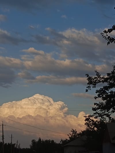 The image captures a twilight sky over Kızıl-Bel, Kyrgyzstan. Dominating the scene is a large, luminous cumulus cloud formation, catching the last rays of the sun with a warm, orange-pink hue at its base and a brilliant white atop. Below the dramatic cloud, the silhouette of a treeline is visible, interspersed with utility poles and power lines that crisscross the horizon. To the far right, the dark silhouette of tree branches with leaves frames the sky. The overall impression is one of natural beauty and the transition from day to night in a rural or semi-rural setting.