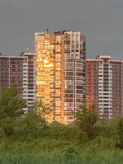 The image presents a distorted view of buildings in Starobzhegokay, Russia. Three structures are visible: two primarily brick-colored buildings with repetitive window patterns and one building between them that features a combination of brick, white, and brown materials and an even more dense window arrangement. The windows on this middle building reflect intense sunlight, creating a shimmering, almost blinding effect. The buildings are framed by a backdrop of overcast sky on the left and dense green foliage on the right, obscuring parts of the structures. Electrical wires are faintly discernible against the grey sky. The buildings appear to be high-rise residential or commercial structures.