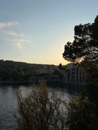 A scenic vista showcases a tranquil body of water flanked by lush, tree-covered hills. Along the hillside, buildings nestle amidst the greenery. Sunlight bathes the scene in a warm, golden glow, creating a serene atmosphere. The sky, a gradient of pale blue and yellow, adds to the picture. Silhouetted trees frame the view, providing a natural border to the landscape.
