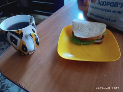 A close-up, eye-level shot shows a simple breakfast scene on a wooden table. To the left, a white mug with a black and yellow animal print pattern holds a dark liquid, possibly tea or coffee, with a silver spoon resting inside. To the right, a yellow square plate holds a sandwich made with white bread, a lettuce leaf, and some filling. In the background, a white paper bag with blue text, which appears to be from a pharmacy, is visible. The overall lighting is dim, with a blueish tint suggesting artificial light. The timestamp "22.06.2026 06:59" is visible in the bottom right corner. The scene is likely indoors, possibly in a home or office environment. No people are visible in the image. The city of Vlasivka, Ukraine is not discernible from the image.
