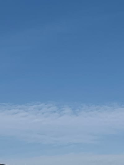 The image is an outdoor, vertical shot featuring a clear blue sky above a layer of fluffy white clouds. The clouds are concentrated in the lower half of the frame, with a few faint, dark speckles, possibly birds or distant aircraft, visible in the upper sky. The scene is devoid of any discernible landmarks or structures related to the city of Vangaži, Latvia.