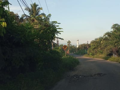 The image depicts a rural road in Keudesimpangempat, Indonesia, winding through lush vegetation under a clear sky. On the left, dense green foliage dominates the foreground, with a few palm trees visible further back. A yellow road sign with a black "Y" symbol indicating a fork in the road is positioned on the right side of the road, accompanied by a small fence. Further down the road, a white minaret of a mosque with a dome is visible in the distance, flanked by trees. The road itself appears to be paved but shows signs of wear, with some potholes present. The lighting suggests it is either early morning or late afternoon, casting soft shadows. No people are visible in the scene.