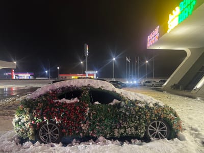 The image displays a nighttime outdoor scene in Siktarva, Georgia, characterized by winter conditions. In the foreground, a four-door sedan is entirely covered in a dense arrangement of artificial flowers and green foliage, exhibiting colors such as red, pink, white, and orange. The vehicle's roof and upper panels are partially covered with snow, and its multi-spoke alloy wheels are visible. The car is situated on snow-covered and slushy ground.
In the mid-ground to the right, a large, modern building with a curved, white architectural design is brightly illuminated. The building features prominent neon signage in both English and Georgian script, displaying "DUNKIN'" in orange and "SUBWAY" in green. Several flags are visible on poles in front of this building, and multiple parked vehicles are present in the adjacent lot.
In the mid-ground to the left, across a visible roadway, a brightly lit gas station (resembling a Gulf station with red and blue livery) is discernible. Further right, another commercial building with red illuminated accents stands. The entire area is lit by numerous streetlights, and an elevated road structure is visible on the far left. No individuals are observed within the frame.