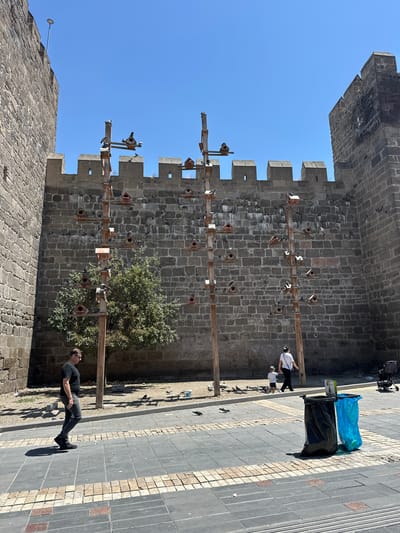 The image depicts a section of the historic Kayseri Castle in Kayseri, Turkey, on a clear, sunny day. The castle walls, constructed of large, dark grey stones, rise up on either side of the frame. Mounted on wooden poles against the castle wall are numerous birdhouses, many of which are occupied by pigeons. The ground in front of the wall is paved with grey and beige tiles, with some patches of dirt and sparse vegetation.
In the foreground, a man wearing a black t-shirt, grey jeans, and sunglasses walks from left to right. He casts a distinct shadow on the paved ground. Further back, a woman in a white t-shirt and black pants walks to the right, holding the hand of a young child wearing a light-colored t-shirt and dark shorts. Pigeons are scattered across the paved area and the dirt patch.
To the right of the frame, two garbage bins are visible: one black and one blue, the latter containing some trash. A baby stroller is parked in the far right background. The sky is a bright, cloudless blue. The overall impression is of a public space within or adjacent to an ancient fortress, actively used by both people and birds.
