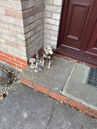 The image depicts a doorway and entryway, likely of a residence, in Minsterley, United Kingdom. A dark wood door with a rectangular inset is positioned adjacent to a brick step. A concrete patio or walkway extends outward from the step. A decorative ceramic dog figure lies on the walkway. Additionally, small ceramic figures, potentially depicting meerkats, with a small sign stating "Meerkat Mansion", are present. The ground consists of concrete paving stones with brick edges and small pebbles. A metal grate is visible at the top. The scene is static, and no people are present.