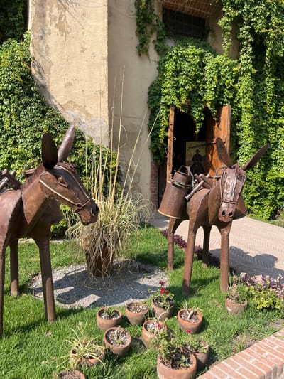 A garden scene in Domingo Arenas, Mexico features two metal donkey sculptures standing on a green lawn near a building covered in ivy. The first donkey is near a pot of dried grass. The second donkey is laden with buckets, positioned near a brick-paved walkway and an assortment of terracotta pots containing plants. The building behind the donkeys has a window and a doorway, suggesting a rustic or historical setting.
