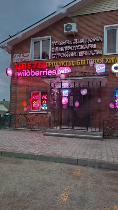 This is a medium-shot, vertical photograph of the exterior of a brick building with neon signs. The building appears to be a retail establishment, possibly a market or a collection of shops. The signs indicate a variety of businesses, including "Wildberries," "OZON," "Flowers," "Products," "Household Chemicals," "Goods for Home," "Electrical Goods," and "Building Materials." There is also a sign for "Rent" with a phone number.
The building has several windows and a covered entrance with an ornate metal gate. An air conditioning unit is mounted on the brick wall. The entrance is illuminated by pink and blue neon lights, some of which form decorative patterns or symbols like a heart and a camera. The "Wildberries" sign is large and prominently features the company's logo.
The ground in front of the building is paved with brick tiles and asphalt. Yellow markings are visible on the asphalt, suggesting a parking area or road. The sky is overcast and appears to be raining, with water droplets visible on the surface of the lens or window through which the photograph was taken. The overall impression is of a retail area in a Russian town, likely Novoilinsky, operating in the evening or during a cloudy day. There are no people visible in the image.