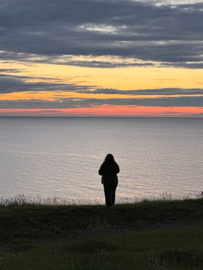 A single person stands on a grassy cliff overlooking a large body of water, likely the Baltic Sea, at dusk. The person is silhouetted against the horizon, facing away from the camera. They appear to be wearing dark clothing, possibly a hoodie and pants. The sky above is filled with dramatic clouds, transitioning from dark gray at the top to vibrant streaks of orange and pink closer to the horizon, indicating the setting sun. The water reflects the colors of the sky and appears calm. The foreground consists of dark green grass and vegetation. The location is a cliff edge in Paldiski, Estonia, a town known for its coastal landscape.